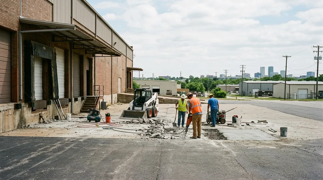 A small professional crew working on a loading dock repair job at a property, seen from behind and — Tulsa, OK
